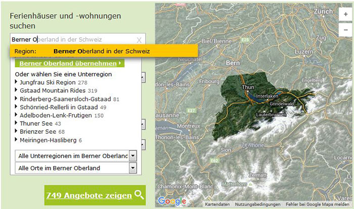 Ferienhäuser und Ferienwohnungen im Berner Oberland - Urlaubsregionen und Orte