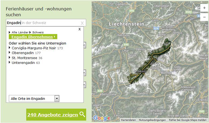 Ferienhäuser und Ferienwohnungen im Engadin - Suche